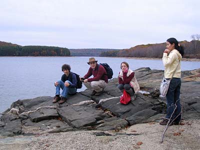 Group on rocks at shoreline