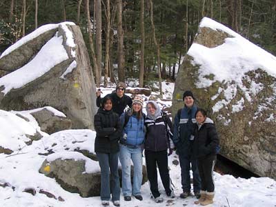 Our group in front of split boulder